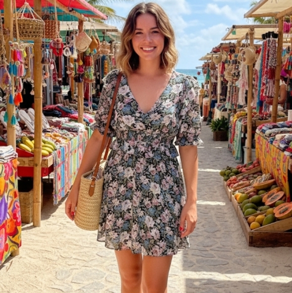 En Saison Dresses & Skirts - En Saison Open Back Floral Ruffle Mini Dress Size M